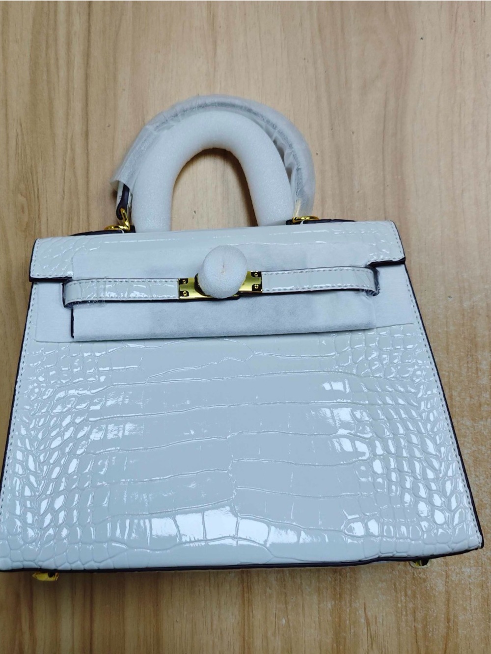 White Croc-Embossed Top-Handle Bag with Gold Hardware